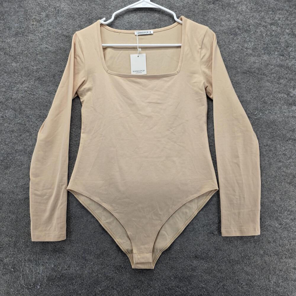 MANGOPOP Bodysuit Womens M Beige One Piece High Leg Stretch Unlined Jersey